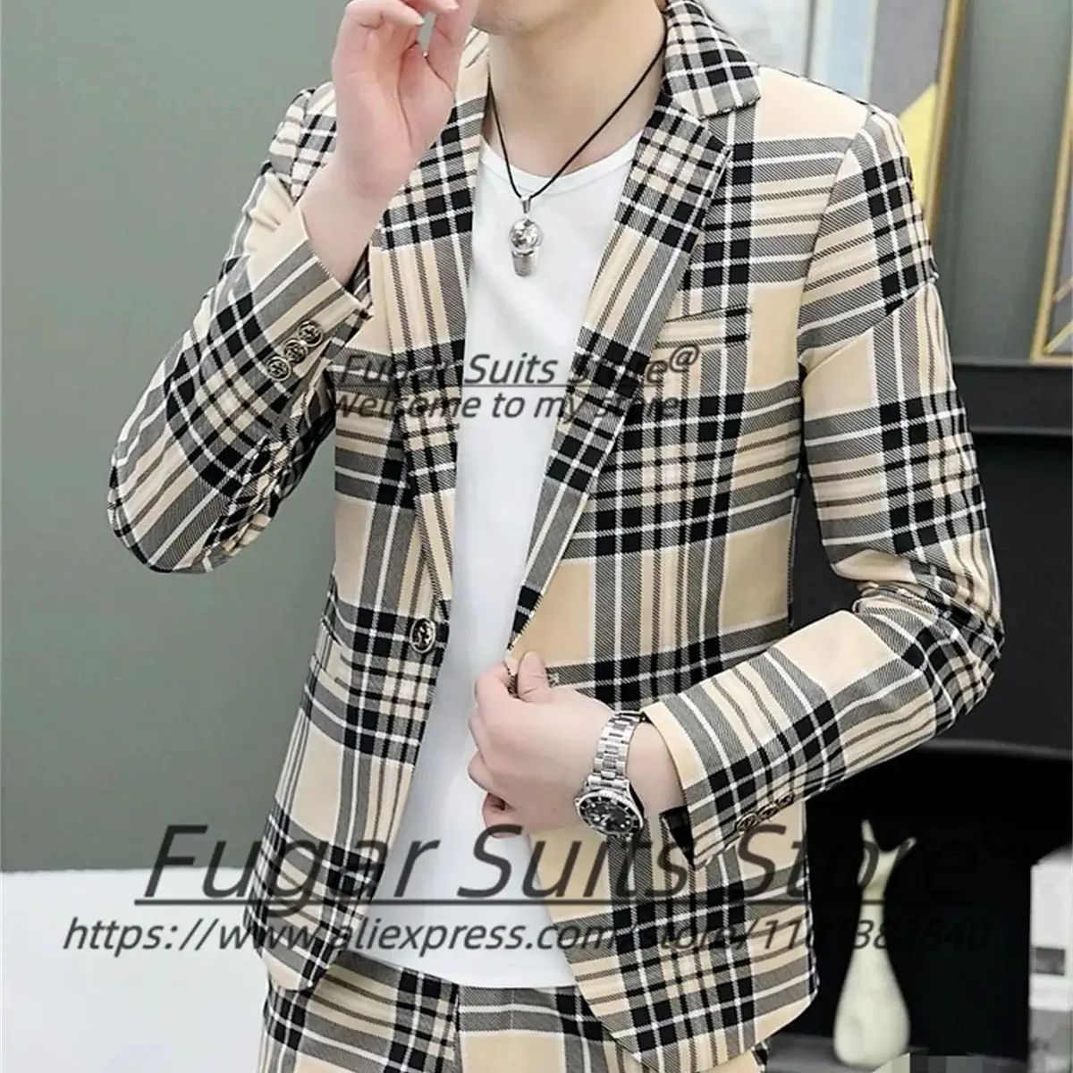 

Fashion Plaid Prom Suits For Men Slim Fit Notched Lapel Groom Party Tuxedos Customized Size 2 Pieces Sets Male Business Blazers