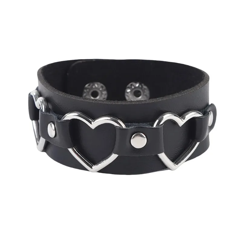 Punk Retro Simple Trend Personality Rock and roll Heart shape Black Leather Stainless steel Clavicle chain Necklace