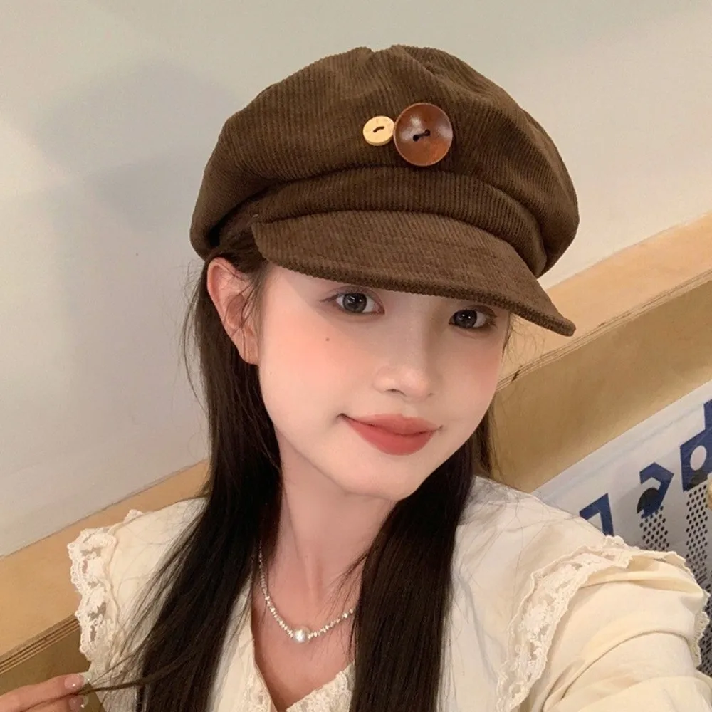 Simple Y2k Double Button Berets Hat Japanese JK Corduroy Baseball Cap Keep Warm Harajuku Octagonal Hat Female