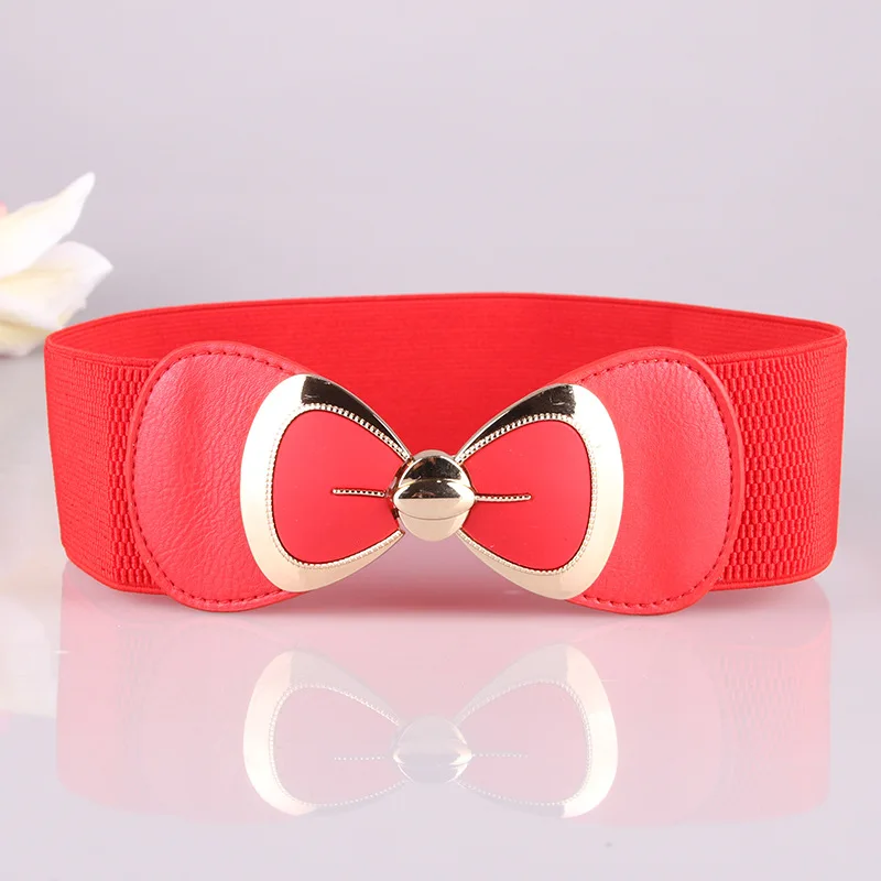 Women's Elastic Wide Belt BOW Waist Cover Versatile Dress Decoration High Quality Wide Pearl Bow Brown Belt