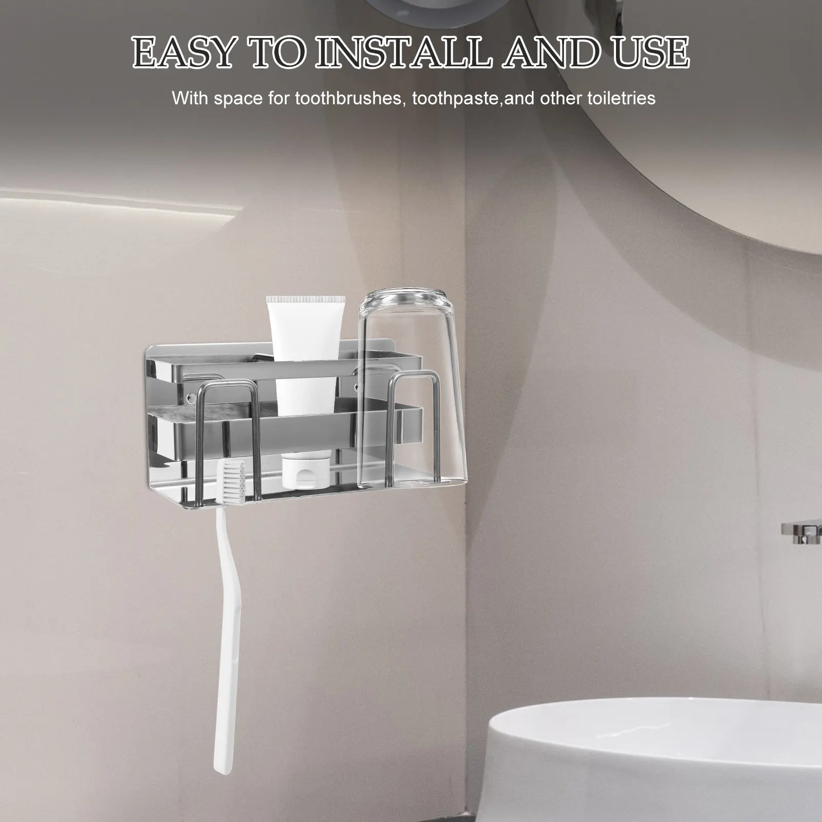 Multi Functional Toothbrush Holder Stainless Steel Wall Hanging Bathroom Rack for Toothbrush Toothpaste Cups Space Saving