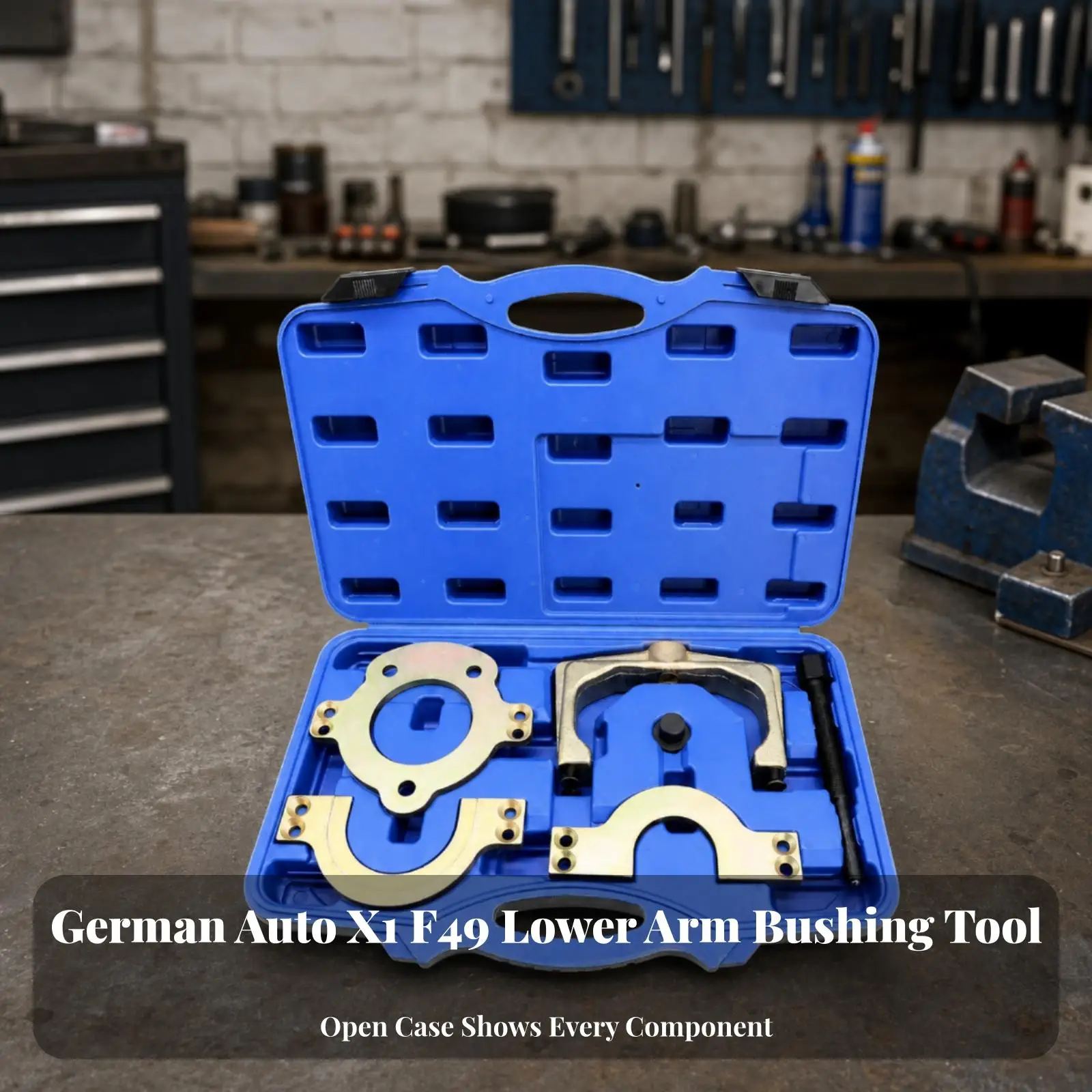 Automotive Chassis Bushing Tool Kit with Threaded Forcing Screw Round Adaptor Plate and Press Plates for Repair Shop