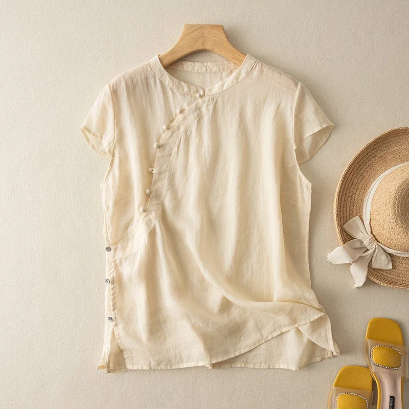 

Women's Vintage Linen Cotton Short Sleeve Blouse - Diagonal Button Stand Collar Loose Fit Top for Summer