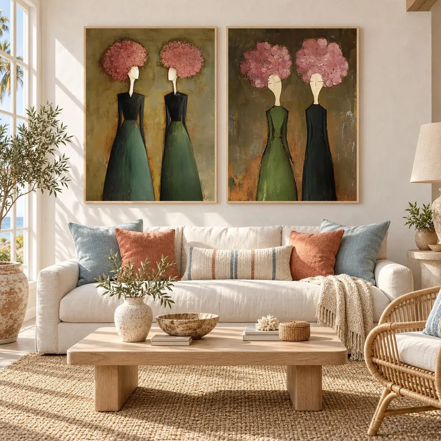 Multi-size 1PC frameless high-definition decorative paintings,Mid Century Modern Abstract Two Women With Pink Floral Head Art Po