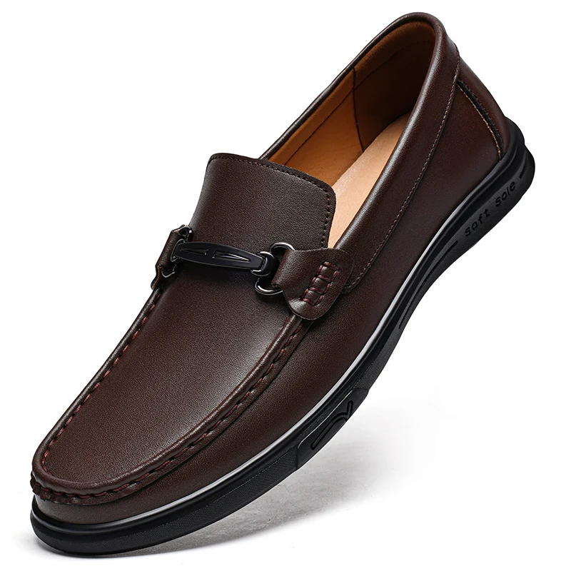 Men's Leather Slip-On Loafers with Metal Buckle Casual Dress Shoes Flats Driving Shoes Brown and Black Big Sizes 48 49 50