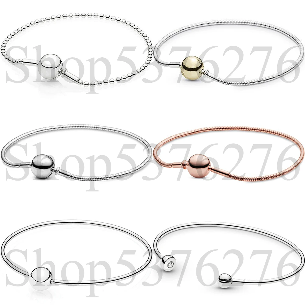 

925 Sterling Silver Essence Smooth Logo Clasp Fashion Beaded Snake Chain Bracelet For Women Essence Bead Charm Gift DIY Jewelry