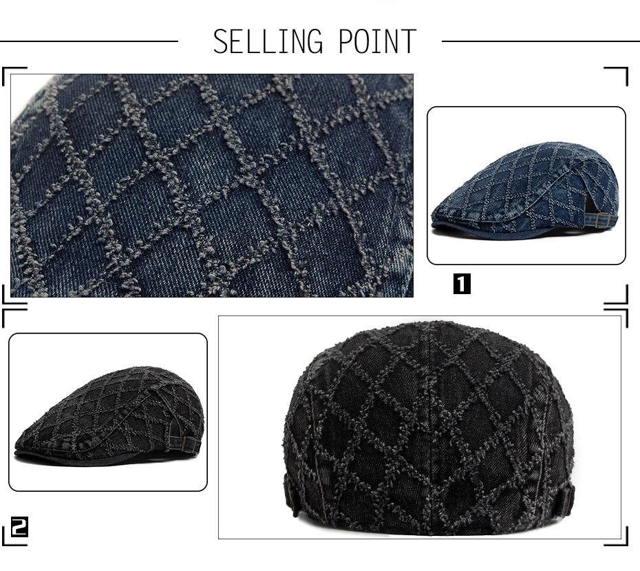 Denim Plaid Vintage Männer Berets Gewaschene Baumwolle frauen Baskenmütze Retro Casual Einfarbig Flache Kappe Sommer Sonnenblende Kappe Einstellbar – Detail 2