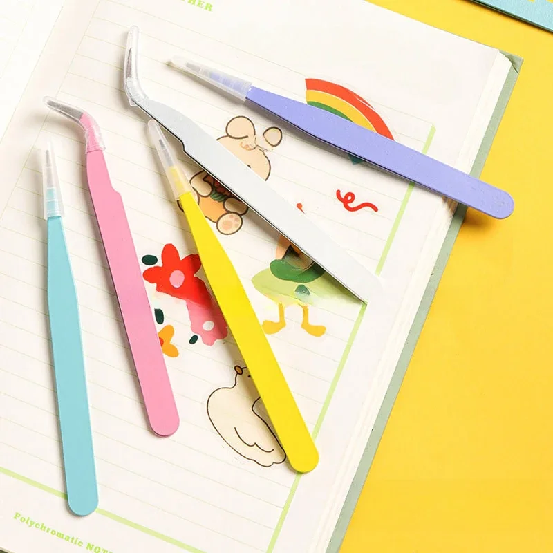 Pinça reta curvada de aço inoxidável, colorida, rosa, azul, roxa, faça você mesmo, pinça de cílios, arte de unha, adesivo, strass, ferramenta de seleção