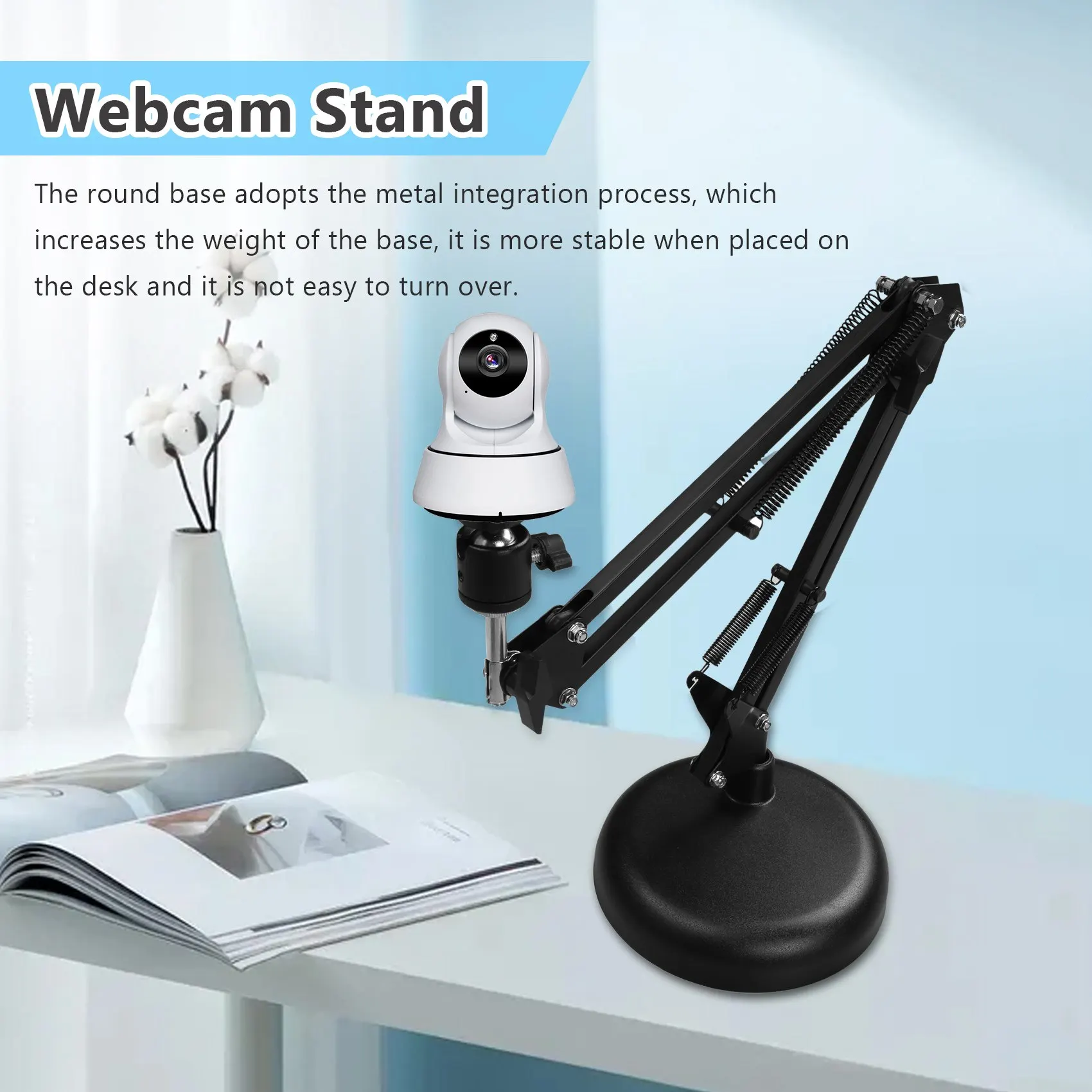 Webcam Stand for Desktop Suspension Boom Scissor Arm Stand with Upgraded Round Base,for Logitech WebcamJAS