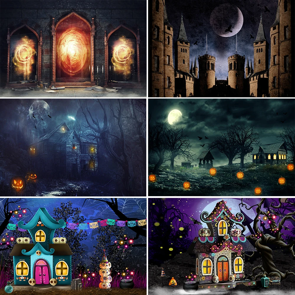 

Halloween Backdrop for Photography Night Moon Pumpkin Lantern Castle Cemetery Family Halloween Party Background for Adults Kids