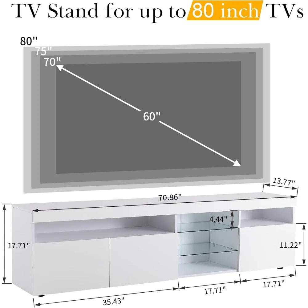 TV Stand with LED Lights, Storage Cabinets, Glass Shelves, Entertainment Center for TVs Up To 80”, High Gloss 2-Tier TV Stand