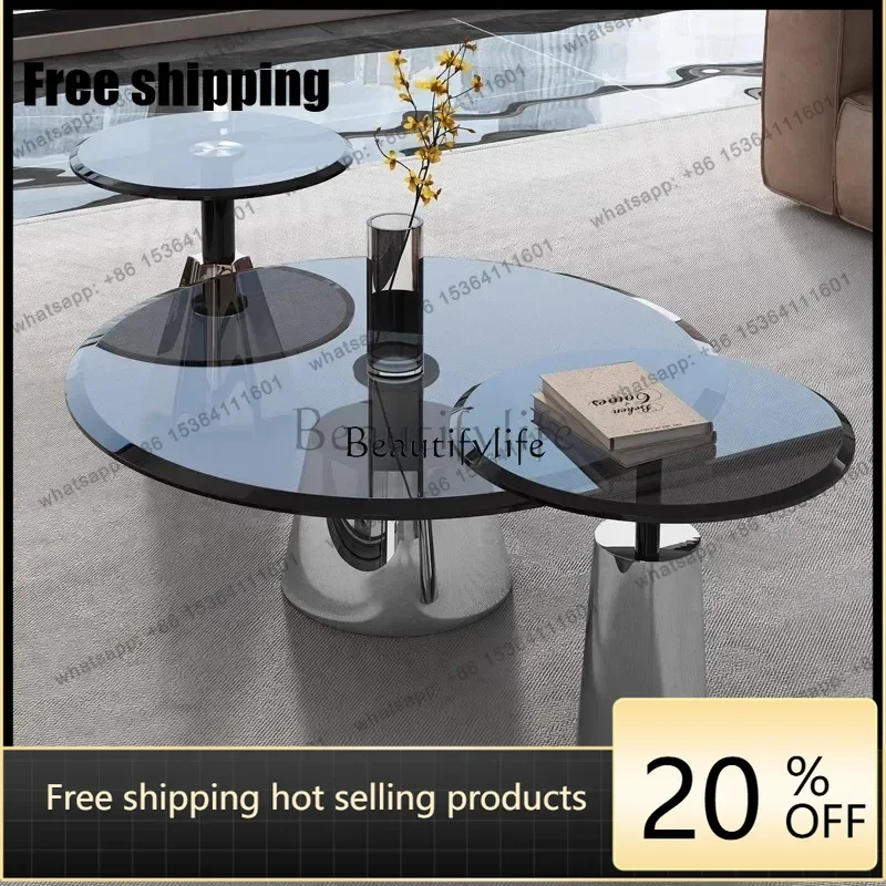 JJ Round tea edge several household small apartment living room coffee table stainless steel tempered glass