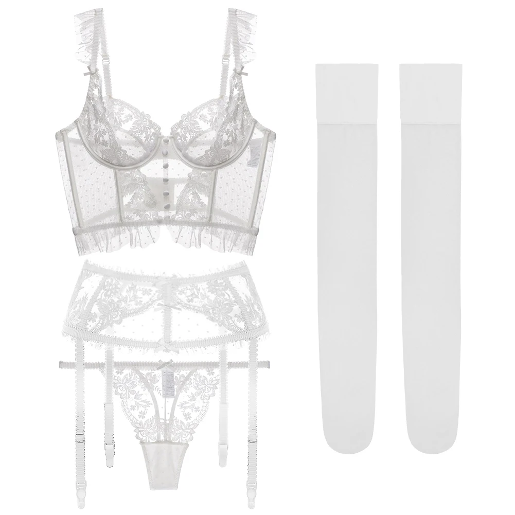 French White Lace Sexy Bra Set Wedding Dress Underwear Backless Vest Style Bra+Garter+Thong+Stockings 4PCS