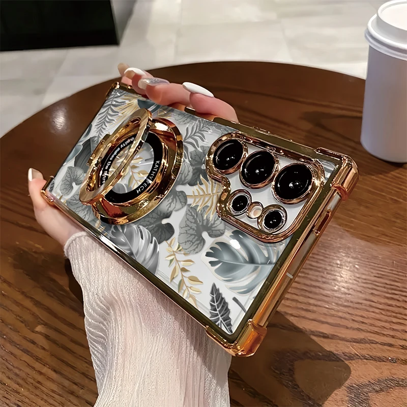 Phone Case For Samsung Galaxy S23 Ultra S21 Plus S20 FE S22+ 5G Fashion Leaves Pattern Shockproof Plating Holder Stand Cover