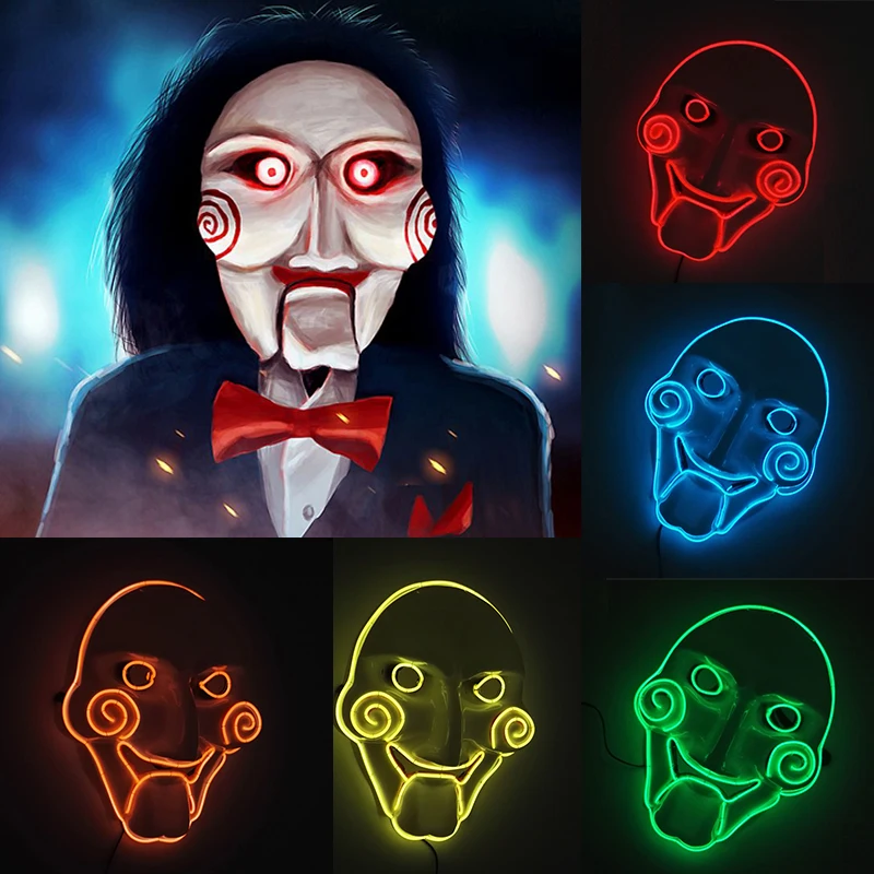 2024 Horror Disguise Mask Cosplay Movie Film Saw Decor Headwear Full Head Face Mask Luminous Led Mask Light Up Halloween Night