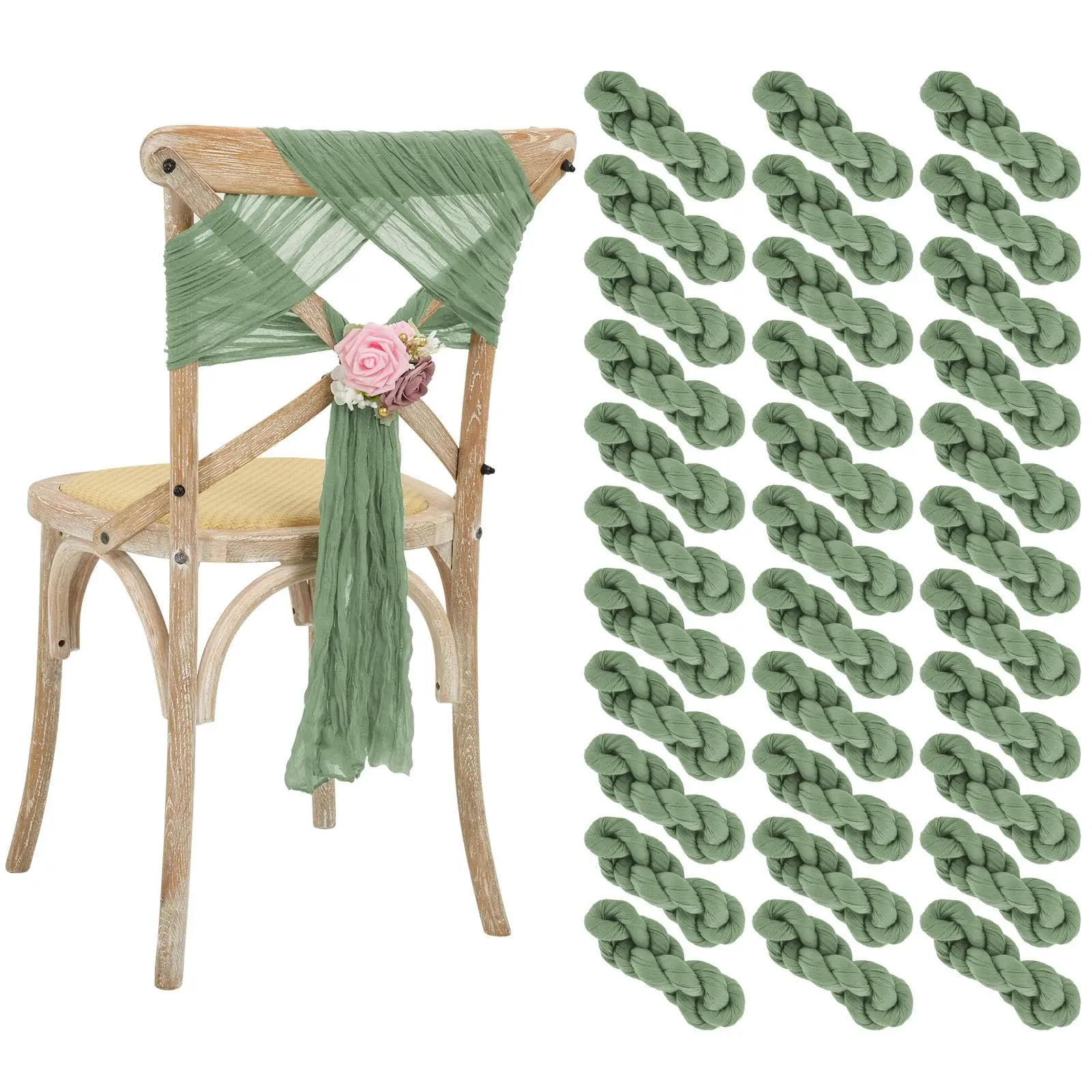 6PCS/12PCS Sage Green Cheesecloth Chair Sashes Designed Rustic Wedding Chair Decor for Party Banquet Home Decorations 20x275cm