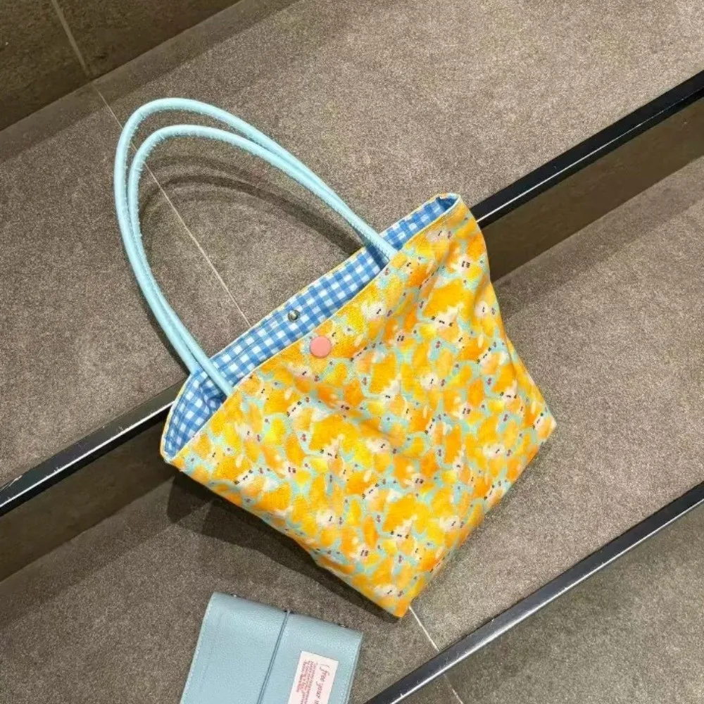 Lightweight Shoulder Tote Bag Large Capacity Floral Check Print Single Handle Handbag Reversible Design Shoulder Bag