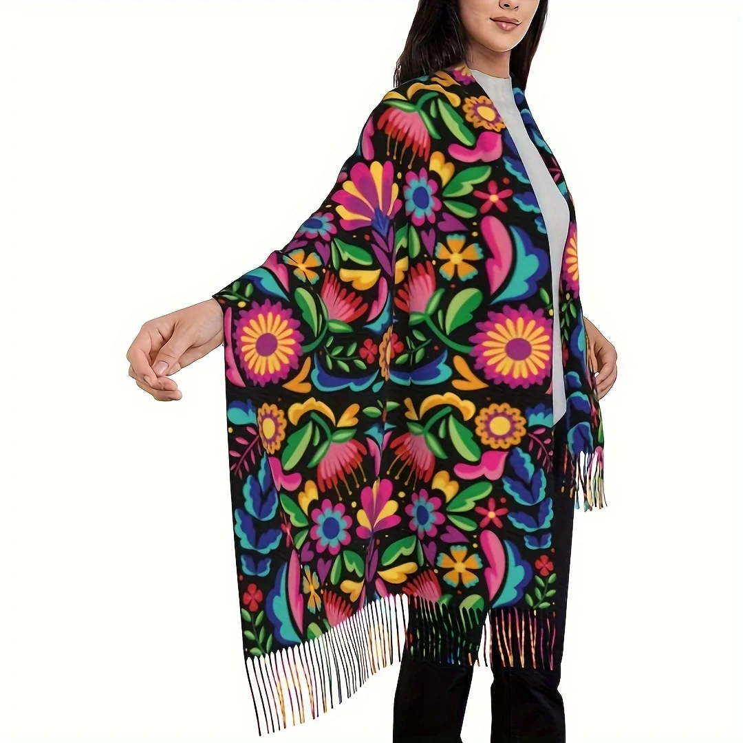 Women's Floral Poncho Shawl, Large Soft Warm Blanket Scarf, Mexican Print, Casual Style, Polyester, Hand Wash or Dry Clean
