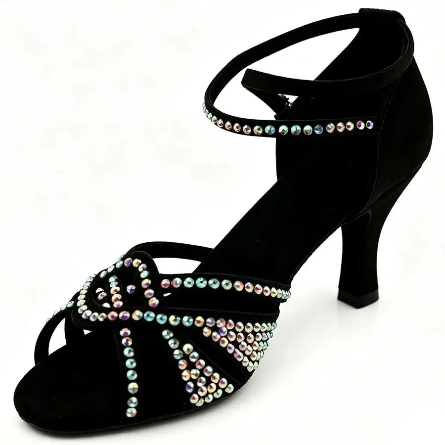 Professional Black Women Satin Latin Dance Shoes Shining AB Rhinestone Peep Toe Ballroom Practice Heels 7cm Latin Dancing Shoes