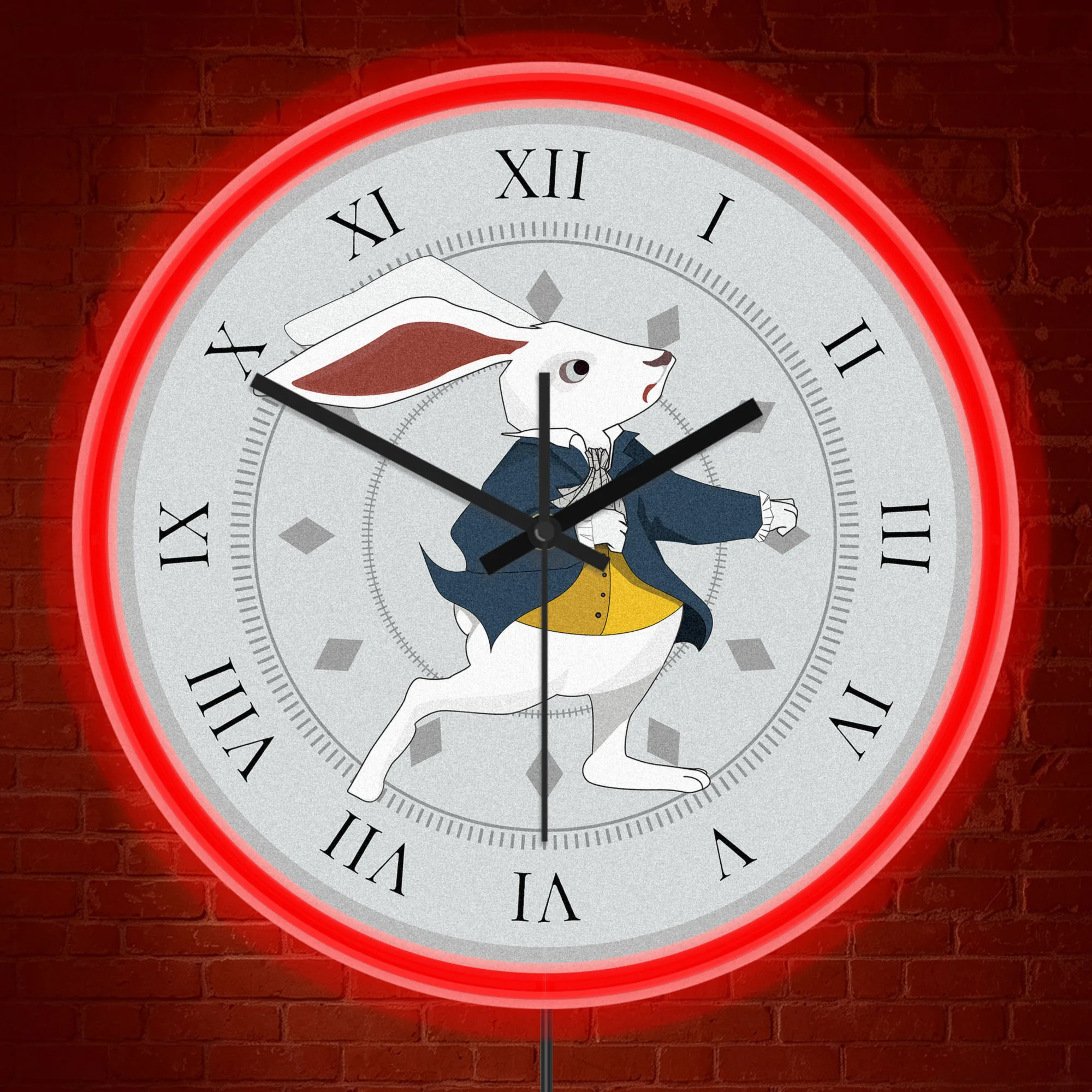 Vintage Roman Numeral White Rabbit Neon Wall Clock for Reading Nook Study Room Fantasy Home Decor LED Night Light Wall Clock