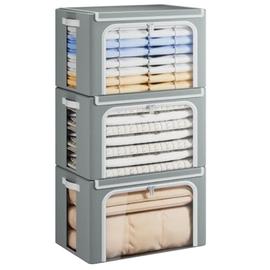 

Large Clothes Storage Bins with Metal Frame Foldable Clothing Storage Bin with Lid Stackable Oxford Fabric Organizer Box With C