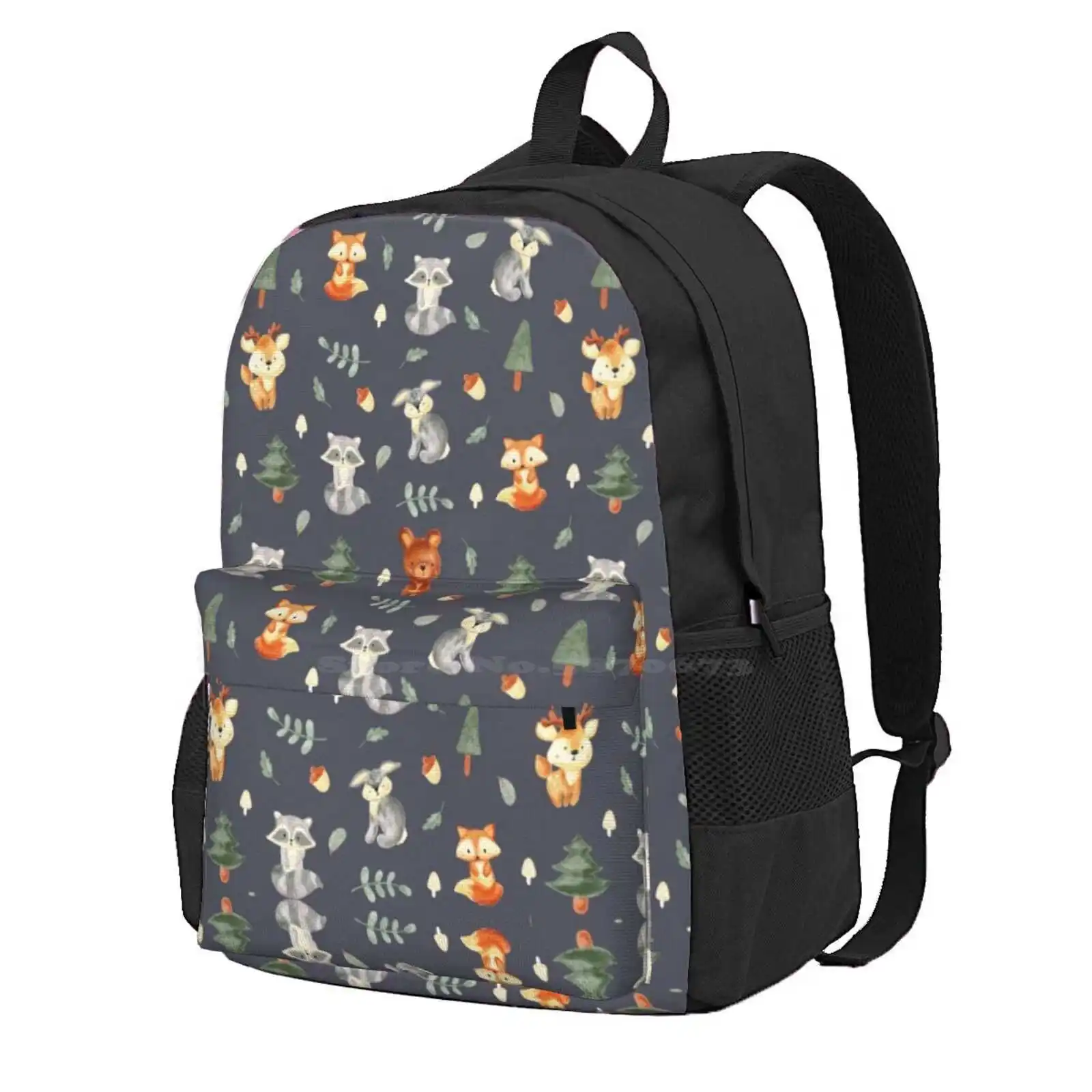 Woodland Baby Creatures | Dark Background Hot Sale Schoolbag Backpack Fashion Bags Woodland Animals Bear Racoon Rabbit Woodland