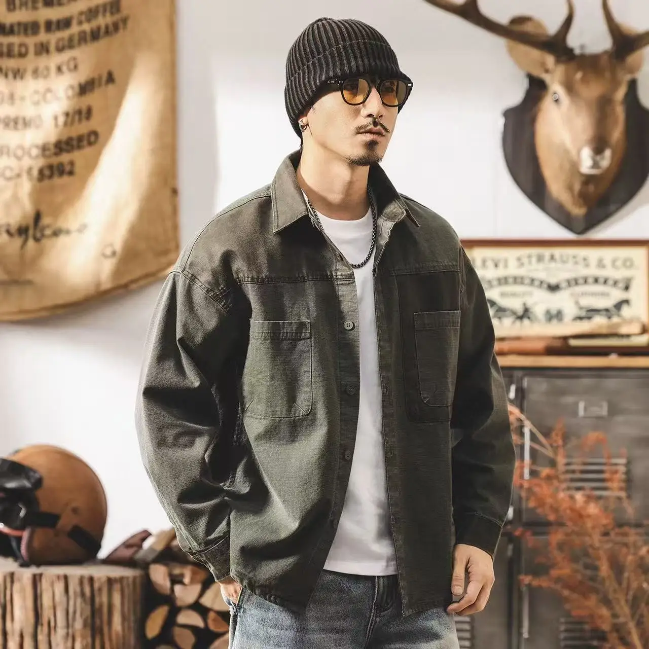 American Retro Splice Fashion Cargo Shirt Men Streetwear Loose Casual Long Sleeve Plus Size Shirts Cardigan Man Blouses Clothes