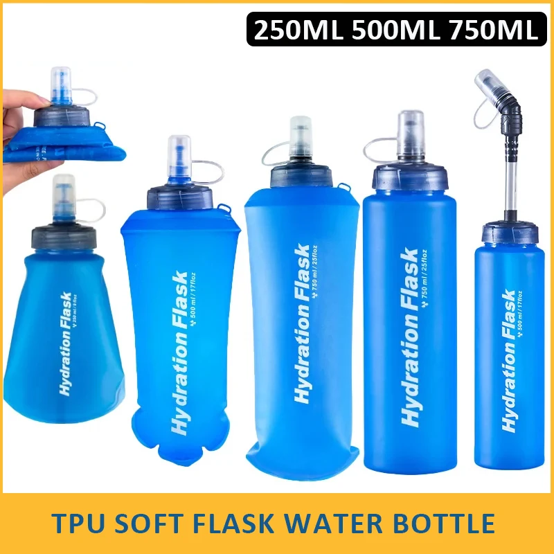 250/500/750ml TPU Outdoor Sport Bottle Folding Soft Flask Drink Water Bottle Running Camping Hiking Bicycle Fitness Water Bag