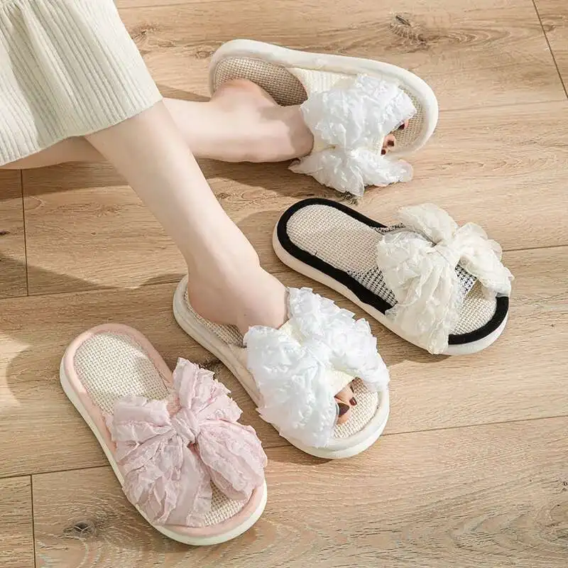 

Striped Linen Indoor Slippers Women Cotton Non-slip Soft Bottom Home Wood Floor Sandals Couple Flip Flops Slides for Girls