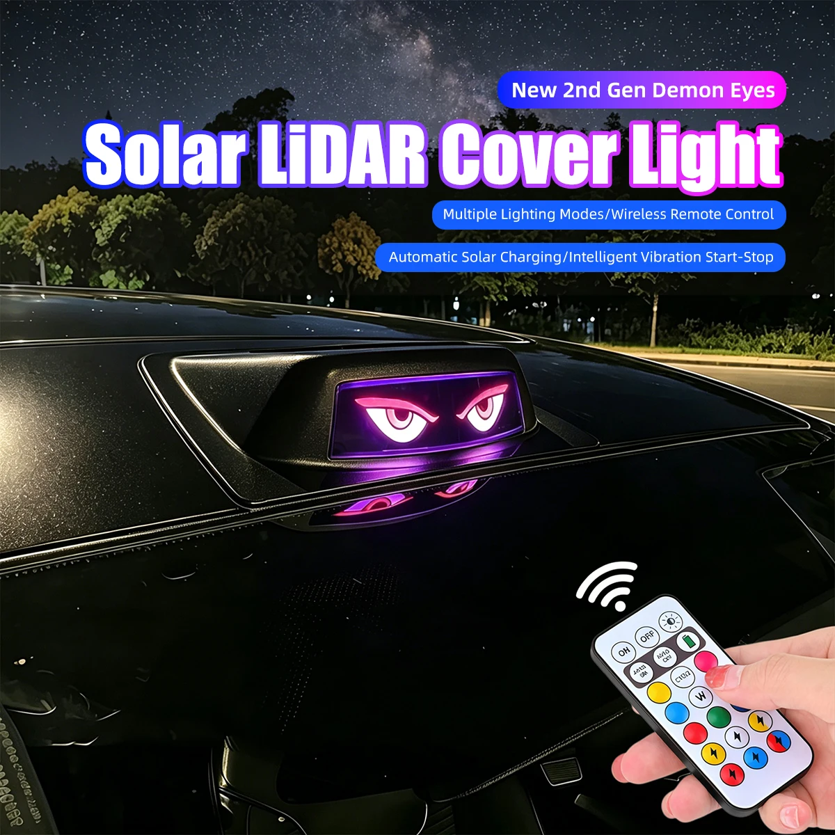 Solar Powered Car Roof Top Warning Light RGB Strobe Flashing Light With Demon Eye Pattern Display Remote Control LED Signal Lamp