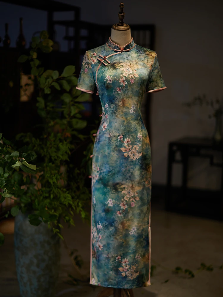 

Blue Old Shanghai Cheongsam New Long Summer and Autumn Mom Daily Improved Socialite Retro High-End Republic of China Style