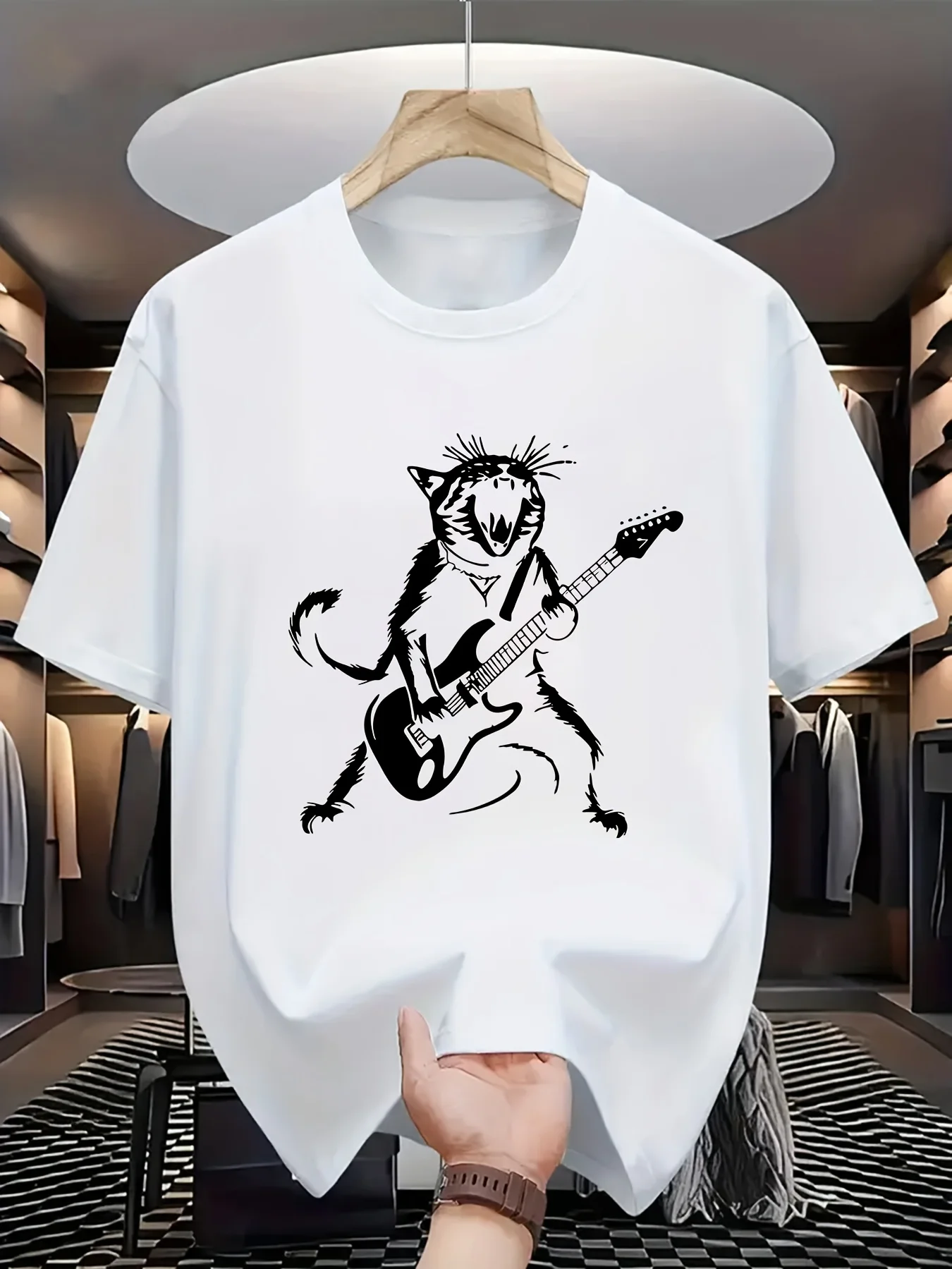 Teenage and Children's Cat Playing Guitar Pattern Printed Casual Summer T-shirt Fashionable Top Comfortable Parent-child Outfit