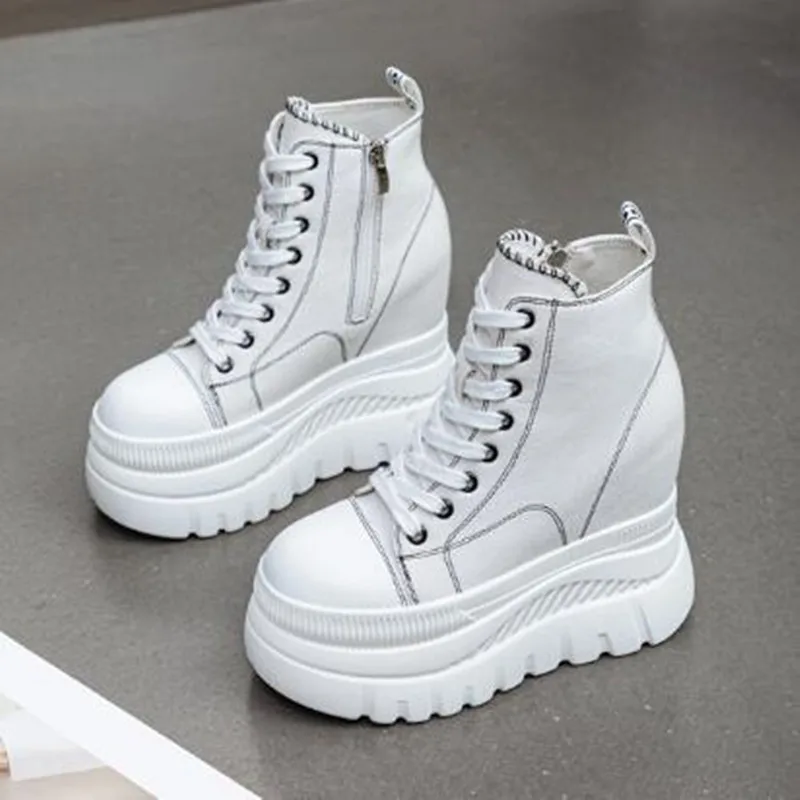 2026 New 12cm Denim Women Breathable Platform Hidden Heels Shoes Genuine Leather Synthetic Chimney Fashion Autumn Ankle Booties