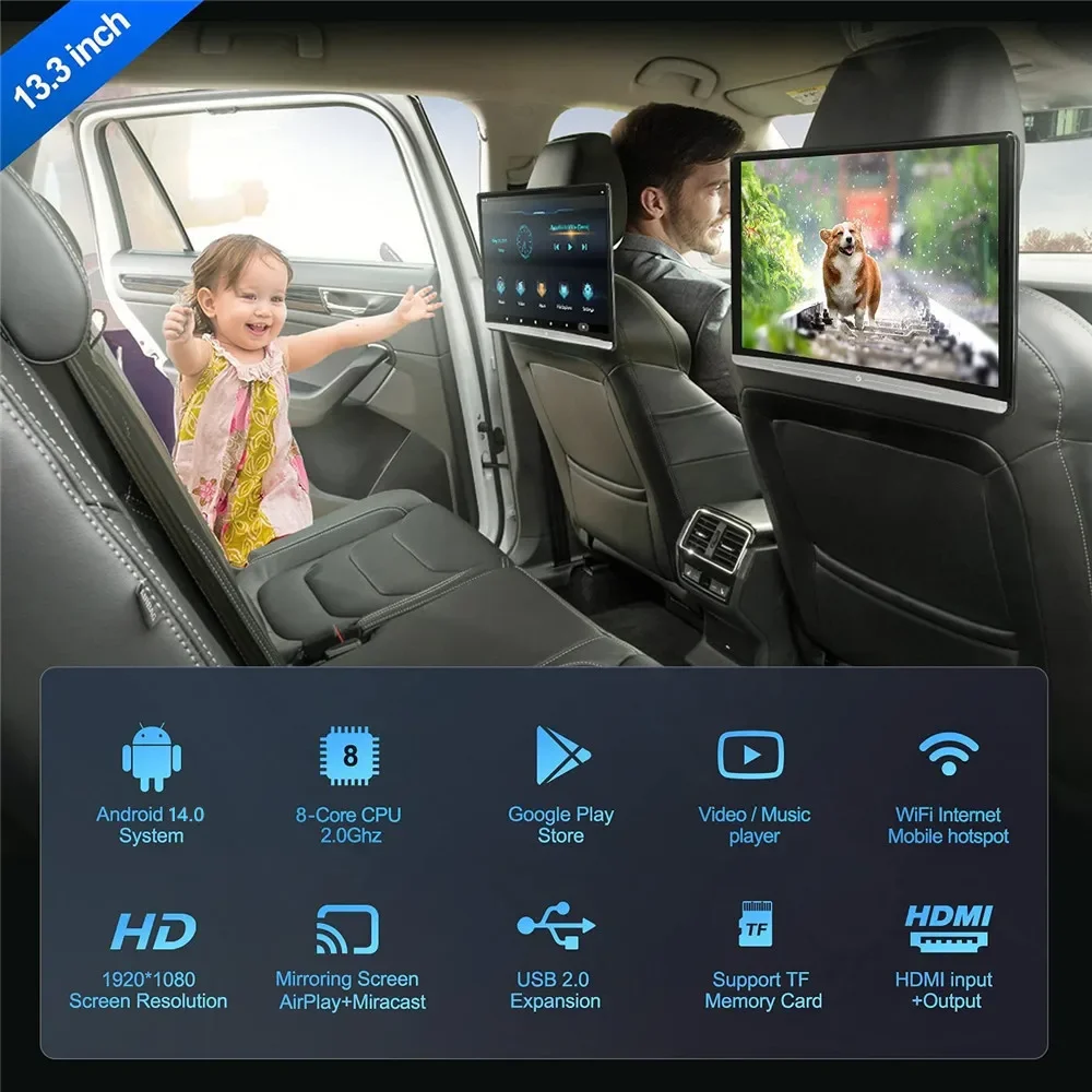 13.3 Inch Car TV Headrest Monitor 4+64G Android14.0 4K 1080P Touch Screen 5G WIFI/Bluetooth/USB/HDMI/FM/Mirror Link Video Player