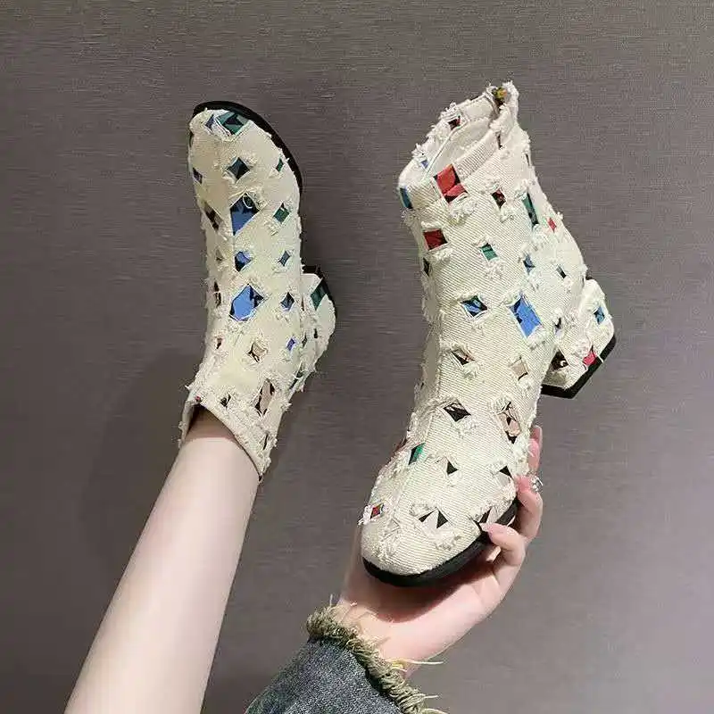 2026 Spring Autumn Thick-soled High-heel Denim Women's Shoes with Fashionable Color Combination and Zipper Short Bootie Shoes