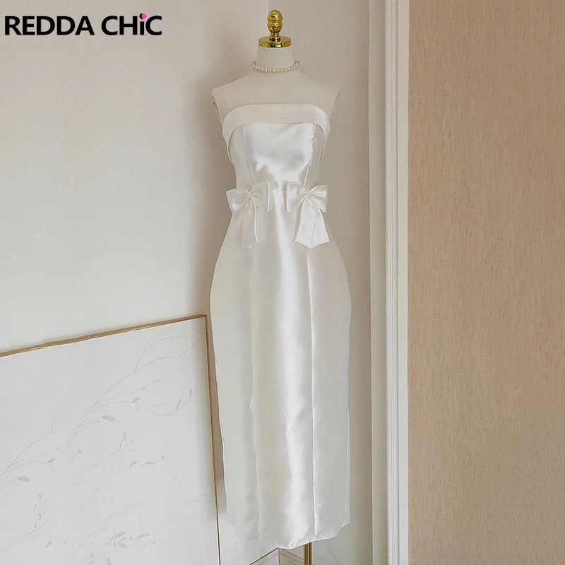 Reddachic brilhante branco feminino vestido de noite sólido cetim texturizado arco sem alças espartilho split maxi vestido longo elegante roupas formais