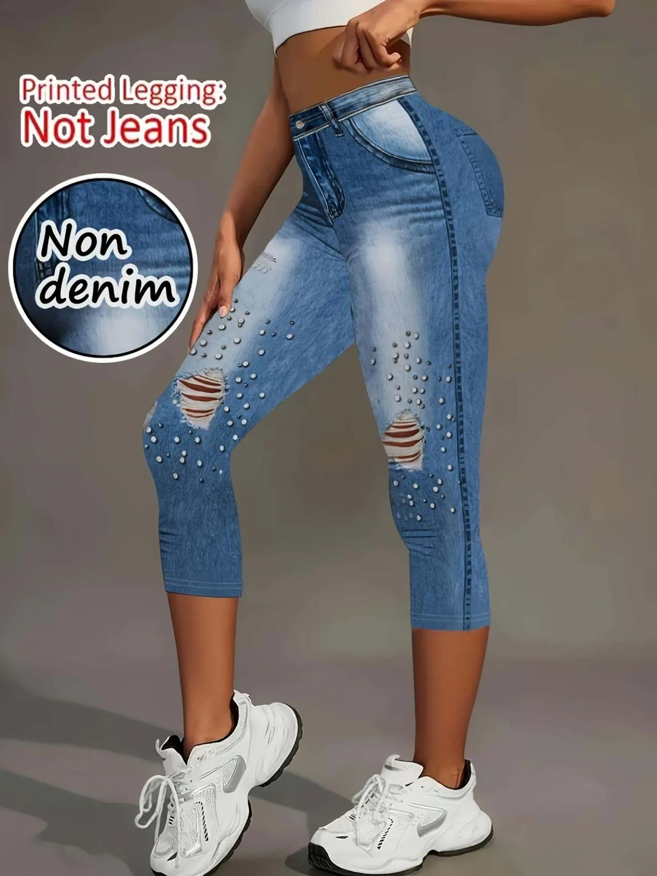 Women's Non-Denim Faux Denim Print 7/8 Length Leggings, Casual Skinny Outdoor Sports Yoga Pants, Soft Skin-Friendly Beach Pants