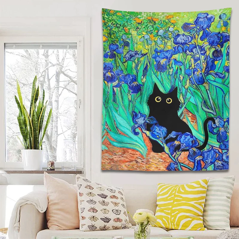 Tapiz de gato de Van Gogh Irises, pintura de gato negro, estampado Floral, divertido, regalo divertido, decoración del hogar, colgante de pared