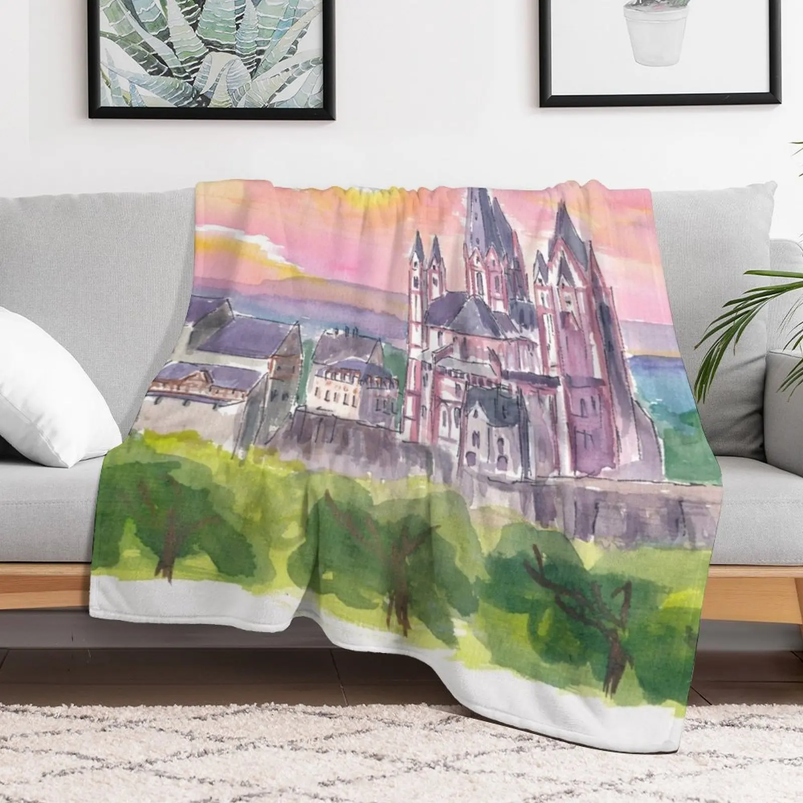 Limburg Cathedral Watercolor Sunset Scene Throw Blanket Bed wednesday Blankets