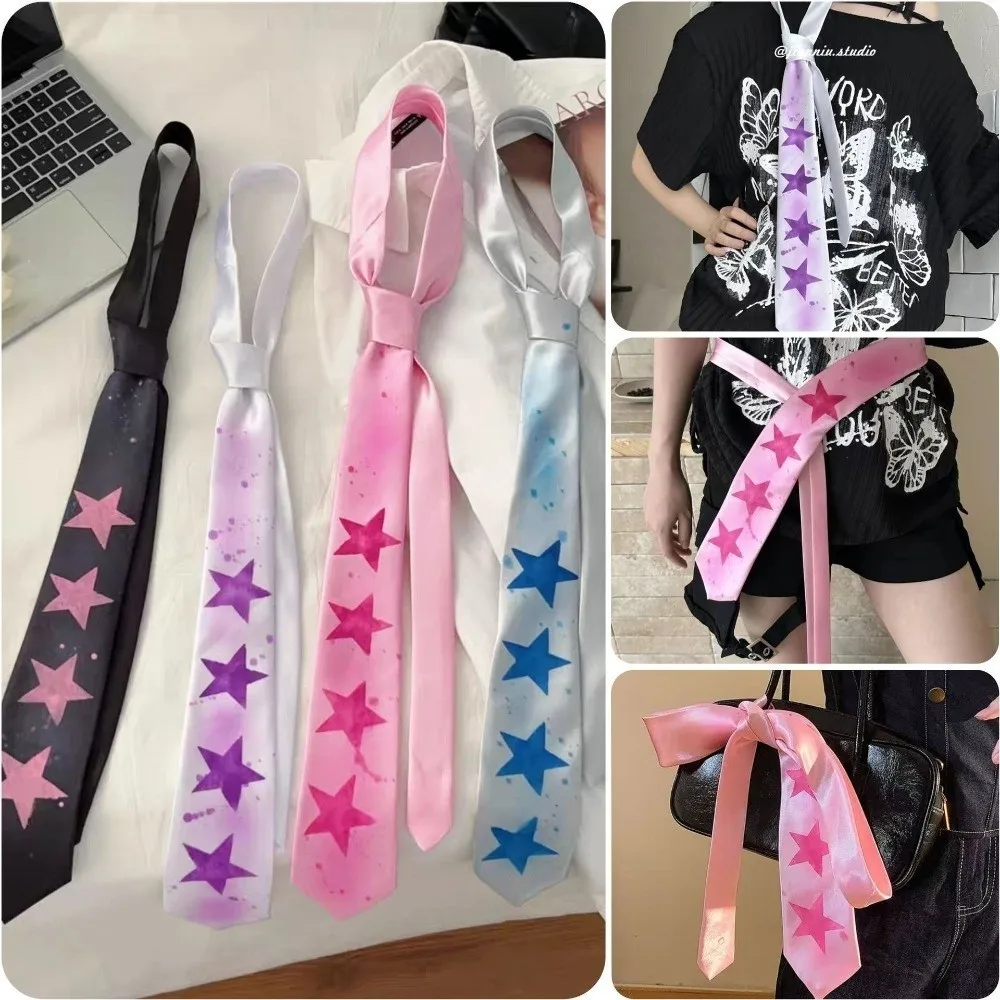 Y2K Style Star Print Necktie Vintage Finish Multi-Use Design Preppy Tie Narrow Width Hand-Tied Construction