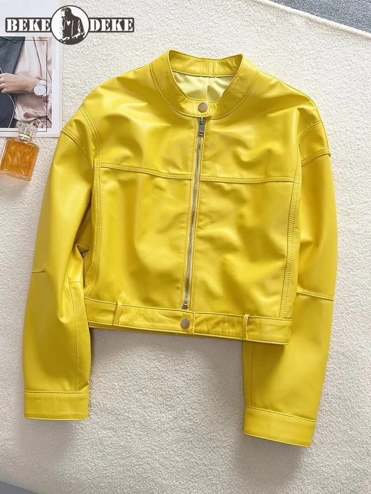 Giacca da donna in vera pelle con zip colletto alla coreana tinta unita vita alta cappotto corto da motociclista capispalla primaverile a maniche lunghe da strada