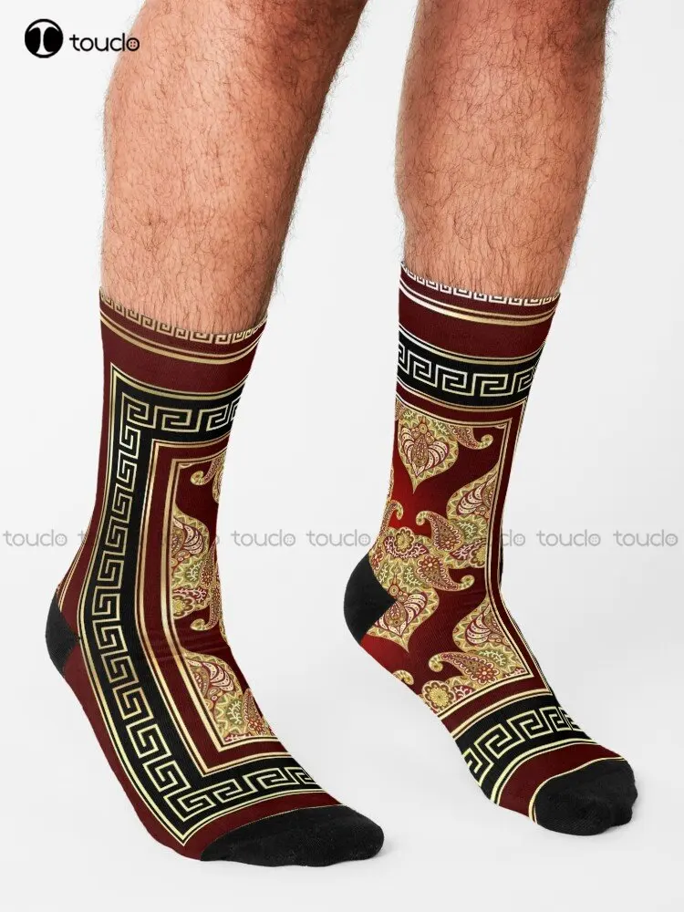 Greek Key Maroon Red Gold Black Floral Paisley Socks Fun Socks For Women Personalized Custom Unisex Adult Teen Youth Socks