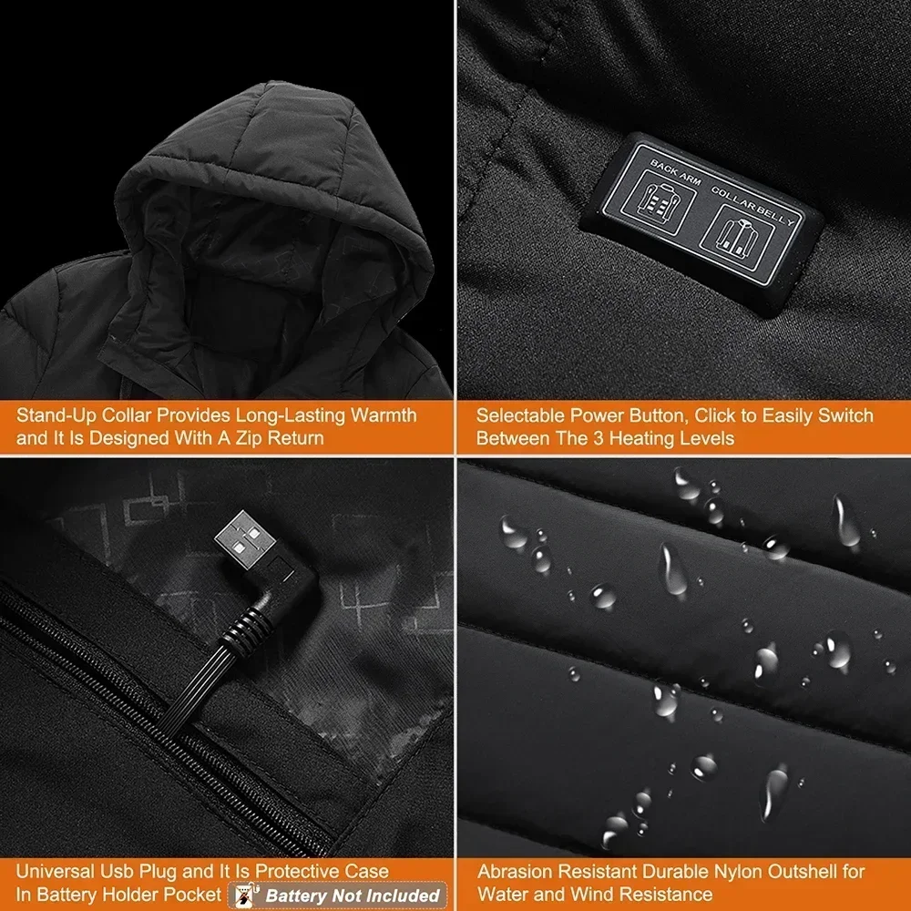 Chaqueta calefactable, Abrigo calefactable eléctrico con control simple y doble USB inteligente de 4-11 zonas, Parka con capucha para hombre para