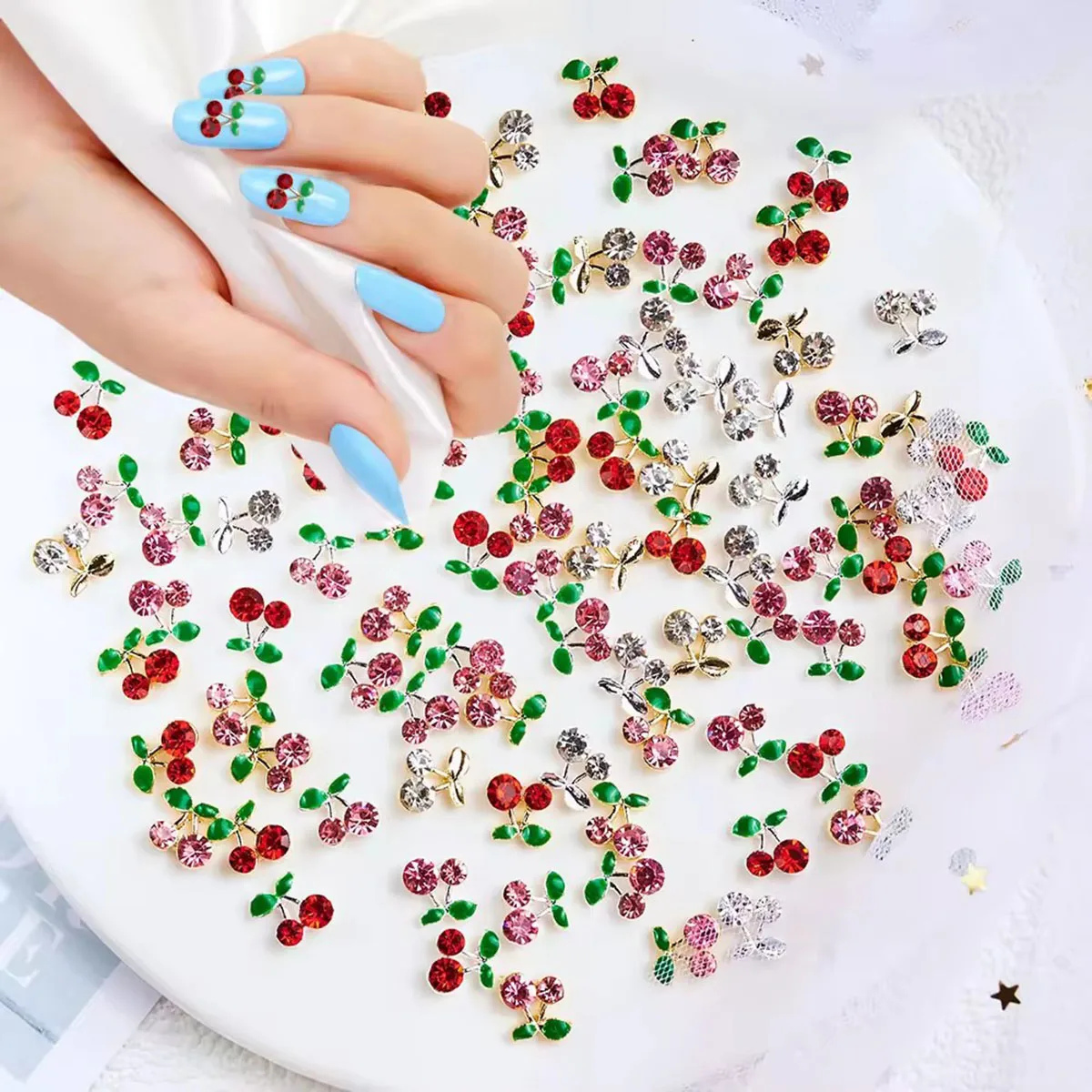 

20pcs 3D Cherry Design Nail Charms Red Cherry Crystal Rhinestone Nail Gems Glitter Diamond Stud Fruit Nail Art Decoration