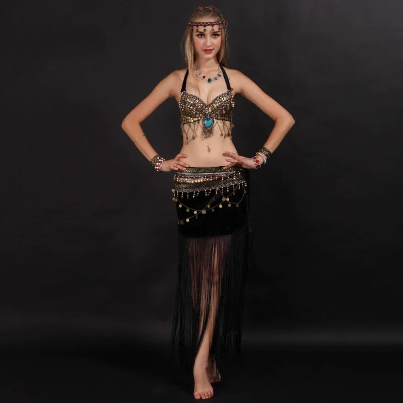 Costume de danse du ventre pour femmes, pièces de monnaie de Style Tribal, vêtements de danse, soutien-gorge fait à la main, ceinture à pampilles, 2 pièces, tenues de danse du ventre
