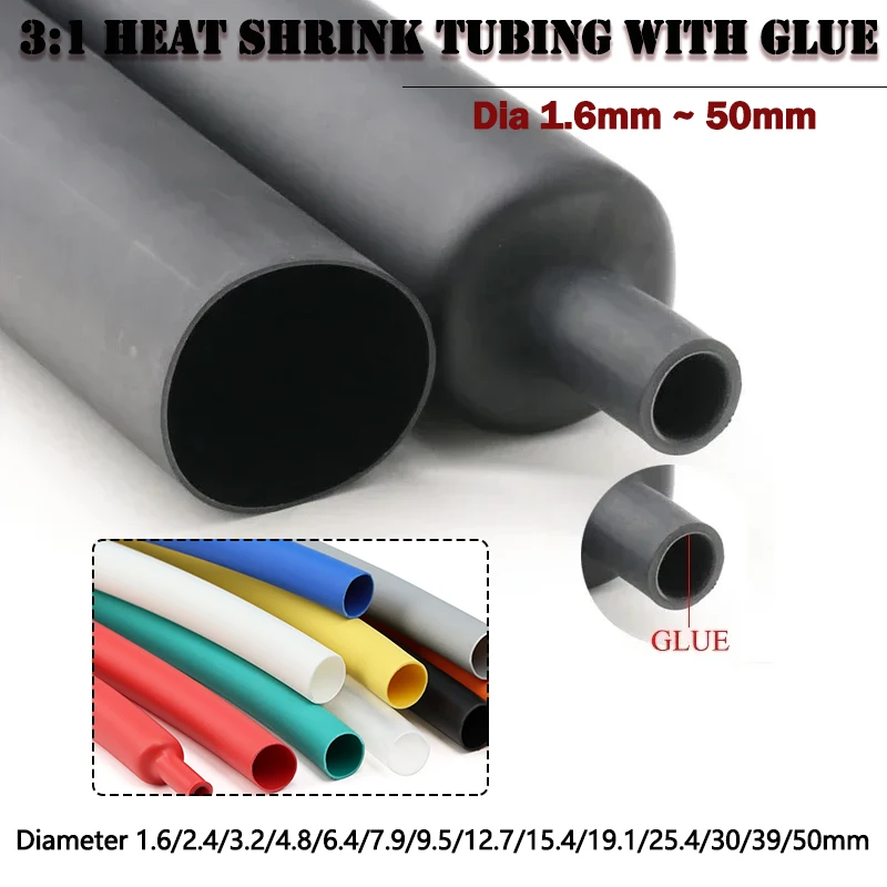 Tube thermorétractable 1M 3:1 avec Tube de colle à Double paroi, diamètre 1.6/2.4/3.2/4.8/6.4/7.9/9.5/12.7/15.4/19.1/25.4/30/39/50mm