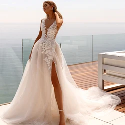 Elegant A-Line Wedding Dresses V-Neck Appliques Tulle Bridal Dress White High Split Backless For Women  Customize To Measures