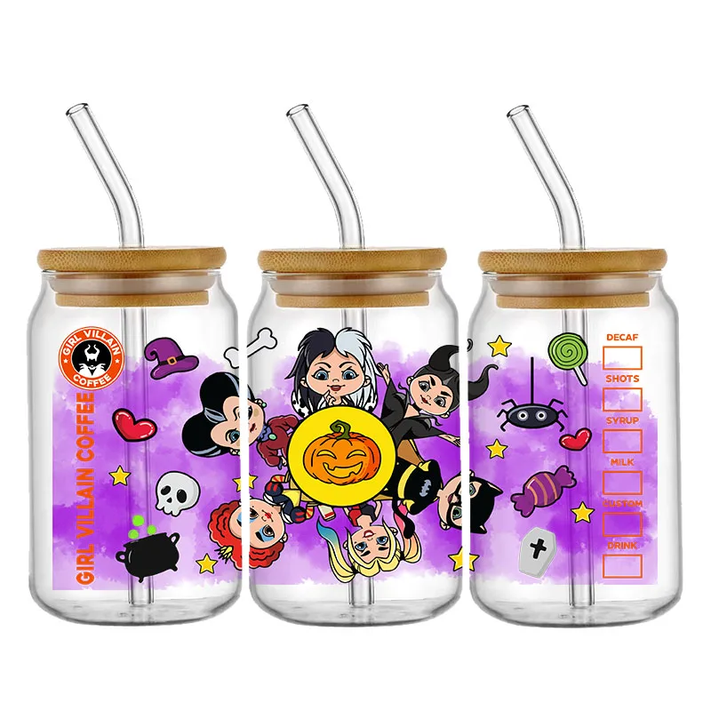 Stiker Disney Villain DTF untuk 16oz 20oz mug kustom UV Halloween stiker Transfer DIY Logo tahan air perekat diri