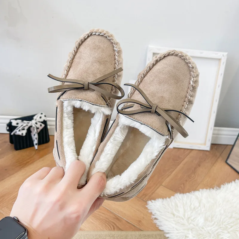 Winter Flat Shoes Women Thick Warm Loafers Slip On Soft Soles Women Flats Bow-knot Home Casual Boots zapatos mujer WSH4236