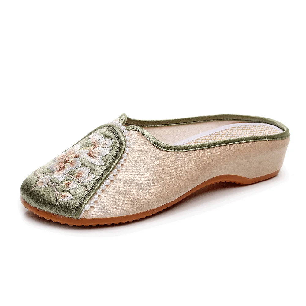 Veowalk Pantofole piatte da donna in raso di cotone lucido con ricamo cinese con perle Scarpe da passeggio estive comode e leggere